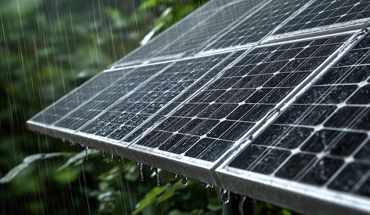 heavy rain coming down on a solar array