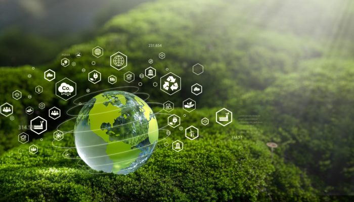 Net Zero Concept and Carbon Neutral Natural Environment Climate-neutral long-term emissions strategy, goals, sustainability, globe icon. green background